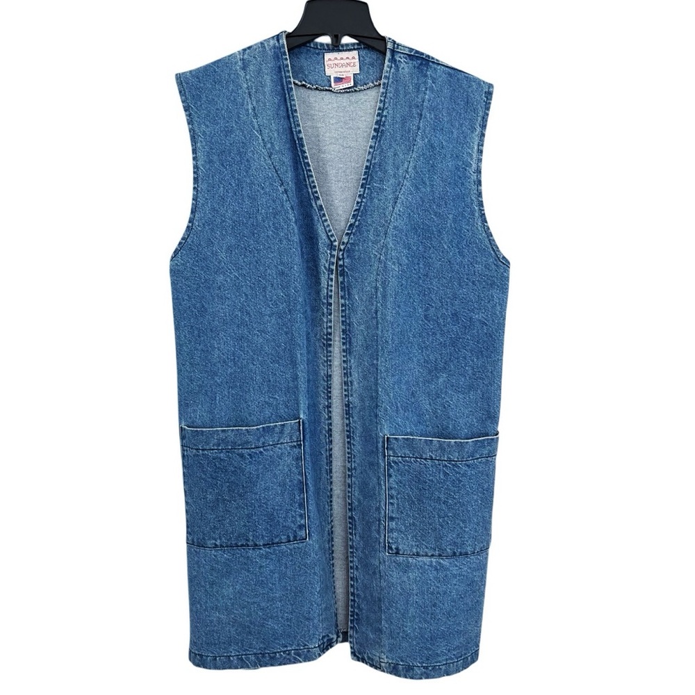 Vintage Sundance Denim Sleeveless Jacket Longline Vest with Pockets Open Top XS